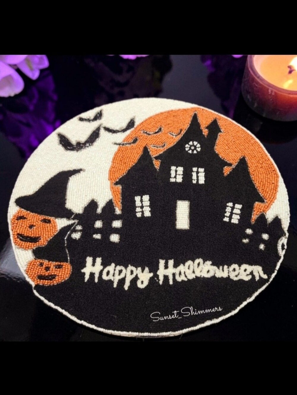Haunted House Jack Pumpkin Happy Halloween Shimmer Beaded Placemat Centerpiece